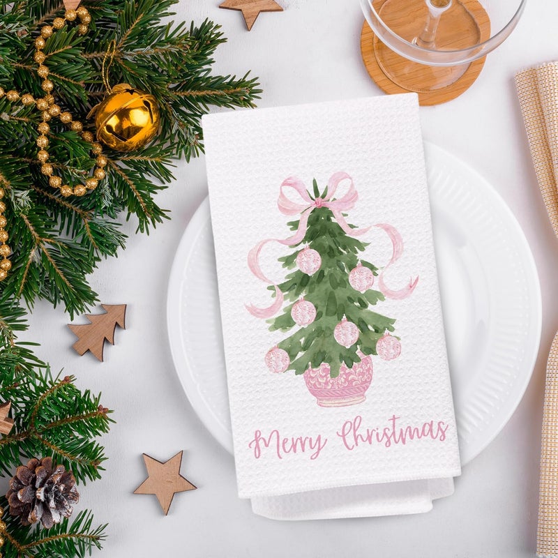 SPBL&L Chinoiserie Christmas Kitchen Towels, Pink Bow Coquette Christmas Tree Dish Towels for Kitchen Bathroom,Set of 2 Pink Christmas Hand Towels for Bathroom Kitchen, Grandmillennial Decor,16x24 Inches - Image 4